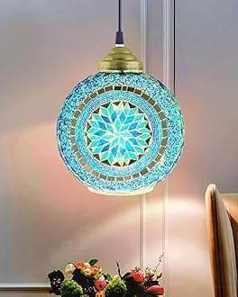 Homesake®Turkish Moroccan Mosaic Blue Ceiling Hanging Light Chandelier Pendant Fixture Lantern, Handmade Glass Lamp, Blue