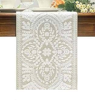 KEVA Boho Table Runner 91inches Long, Farmhouse Rustic Vintage White Embroidered Table Runners 13x91 Inch for Dining Table Decorations