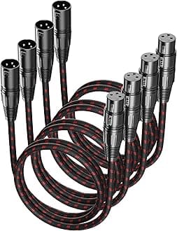XLR Cables 3 FT 4 Pack, XLR Microphone Cable Male to Female, Nylon Braided, Compatible with Microphones, Mixer, Speaker Systems and More, Black-Red
