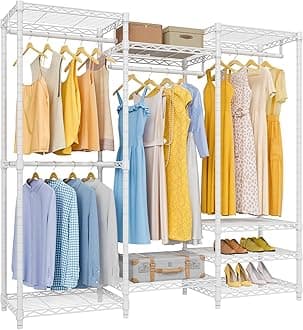 V5 Medium Portable Closet Wardrobe Heavy Duty Clothes Rack, Freestanding Closet Metal Clothing Rack with 4 Hang Rods & 8 Shelves, Adjustable Custom Closet Rack, 56.7" Lx15.7 Wx76.4 H, White