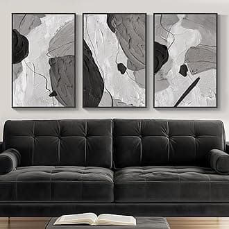 Framed Black and White Modern Abstract Wall Art, 3 Piece Canvas Prints Paintings Artwork for Walls, Minimalist Black White Grey Pictures for Living Room Dining Room Bedroom Office Wall Decor 16x24 In