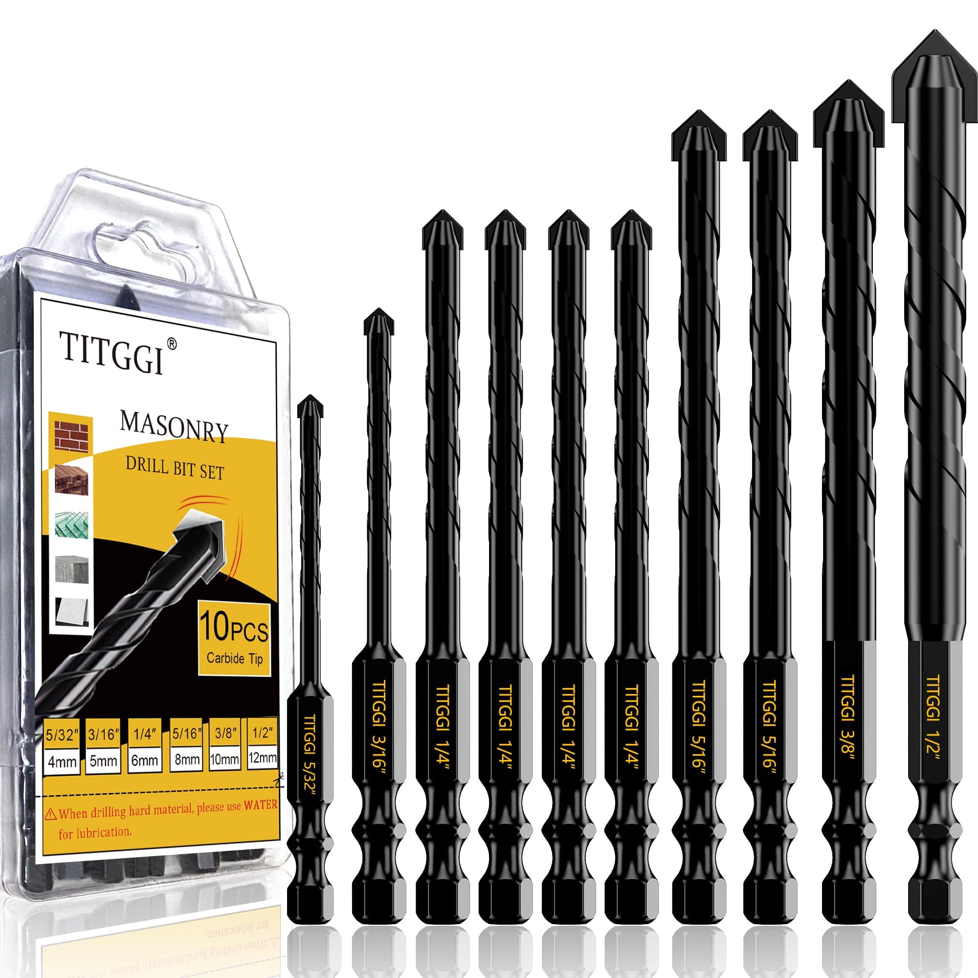 Masonry Drill Bit Set & Concrete Drill Bit Set, Professional Industrial Strength Carbide Drill Bits Tip (10PCS) for Concrete/Glass/Brick/Cement/Tile/Wood/Etc, 5/32"-1/2" by TITGGI