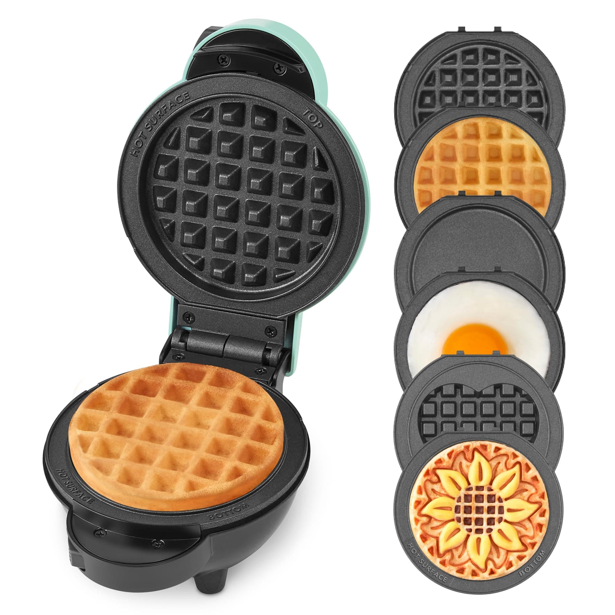 MultiMaker® Mini Maker System - Compact Waffle Maker for Family Breakfasts - Removable Griddle Plates & nonstick surface - 6 Plates & Storage Case - Aqua
