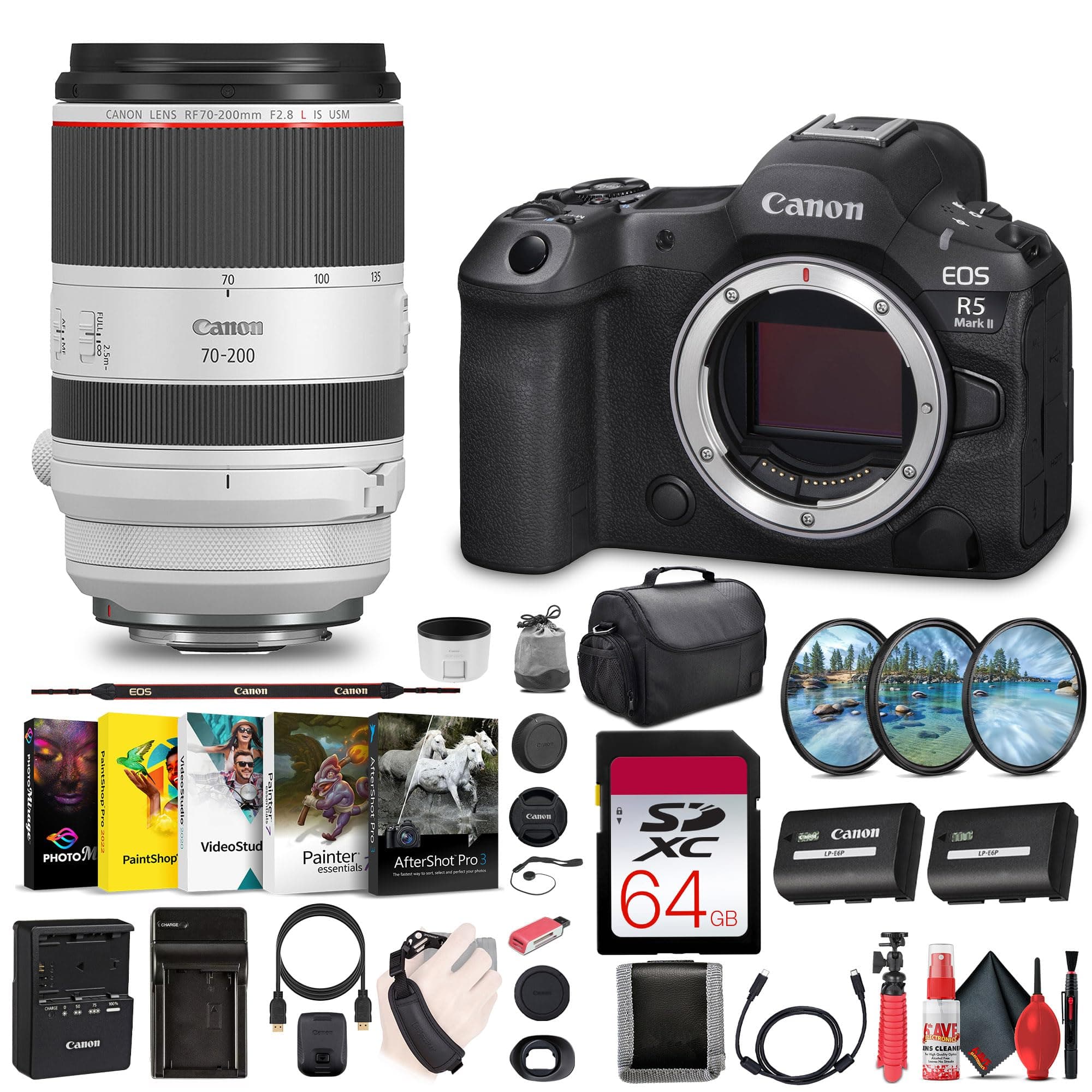Canon EOS R5 Mark II Mirrorless Camera, 45MP, Full-Frame Hybrid Camera, 8K Video (6536C002) + Canon RF 70-200mm f/2.8L Lens + 64GB Memory Card + Bag + More (Renewed)