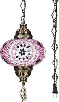 DEMMEX Plug-in Turkish Moroccan Mosaic Hanging Pendant Ceiling Light – Swag Lamp Fixture with 15ft Cord & Chain, Handcrafted Glass, Tiffany Style, Mediterranean Decor (Lilac)