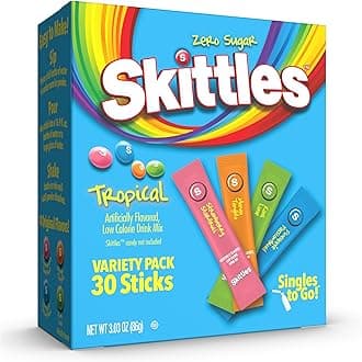 Skittles Singles To Go Tropical Flavors Variety Pack, Powdered Drink Mix, Strawberry Starfruit, Mango Tangelo, Kiwi Lime, Pineapple Passionfruit, 1 Box (30 Single Servings)
