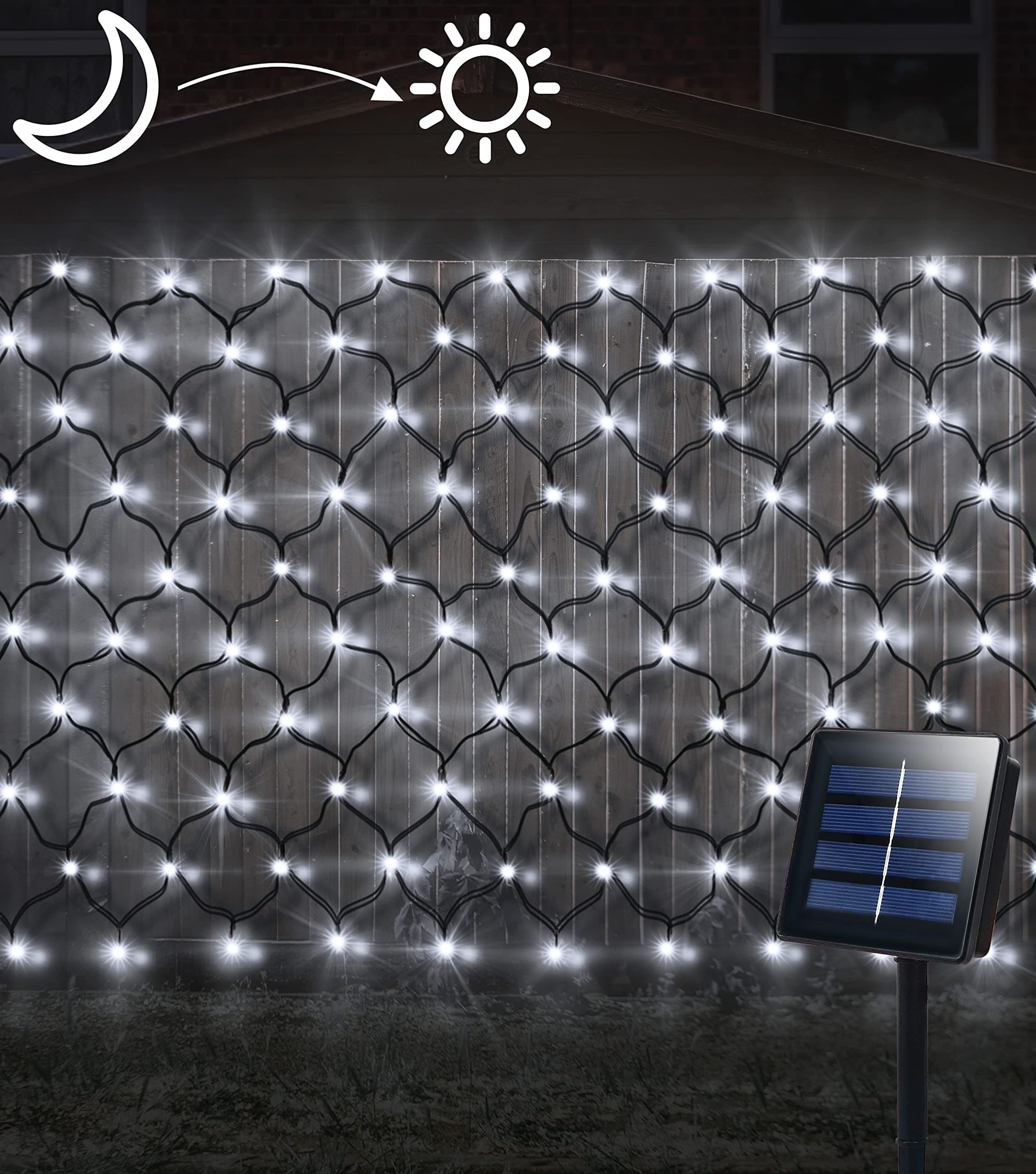 Solar LED Net Lights 9.8 x 6.6Ft, 200 LEDs Net Mesh Lights, Solar Outdoor Bush Mesh Light Dark Green Cable with 8 Modes for Trees Bushes Garden Yard Decoration - White