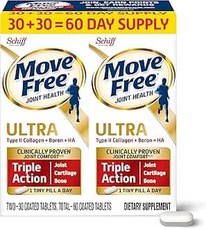 Move Free Ultra Triple Action Joint Support Supplement - Type II Collagen Boron & Hyaluronic Acid - Supports Joint Comfort, Cartiliage & Bones in 1 Tiny Pill Per Day, 2x30ct Bottles (60 servings)*
