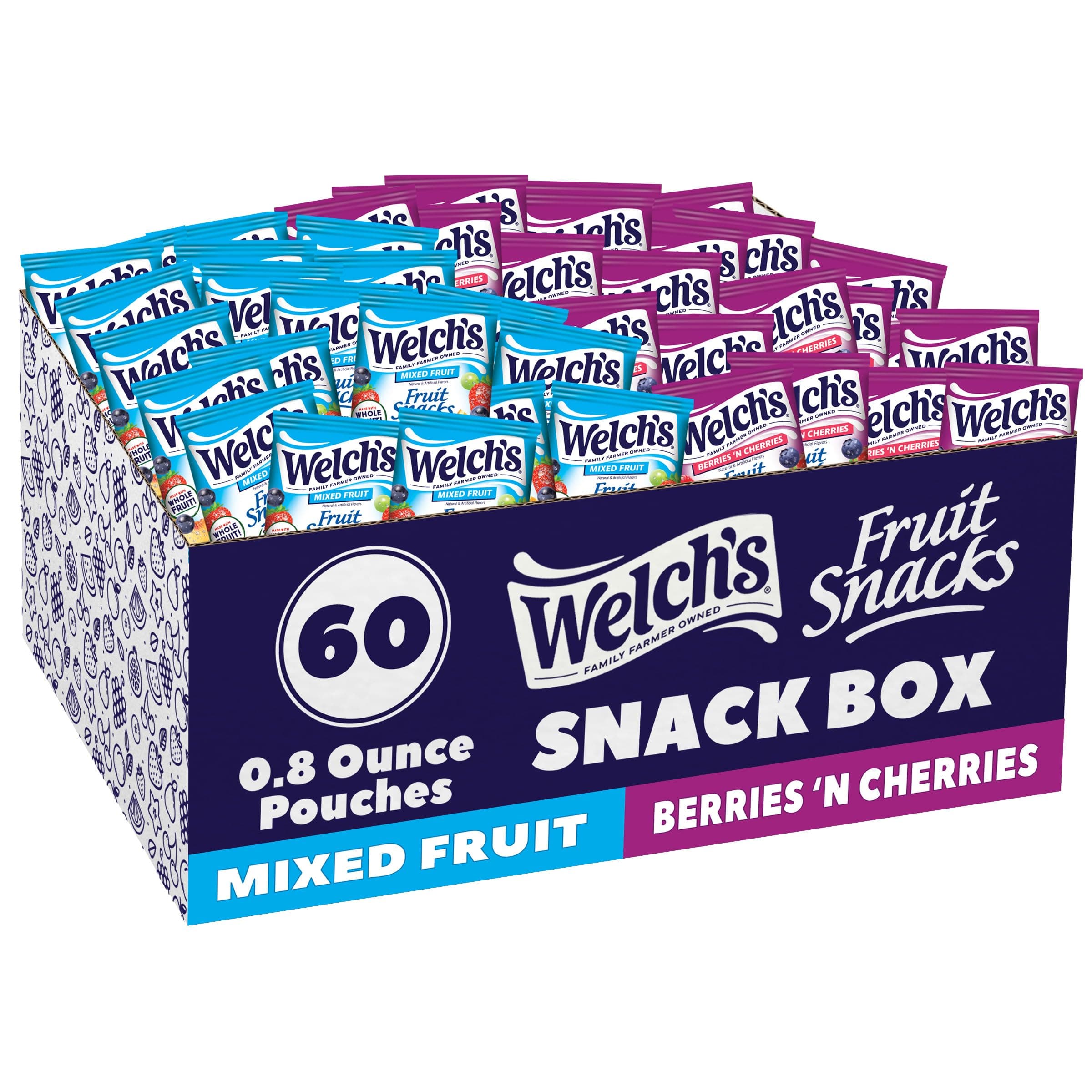 Fruit Snacks, Mixed Fruit & Berries 'N Cherries Snack Box, Gluten Free, 0.8oz Snack Packs (Pack of 60)