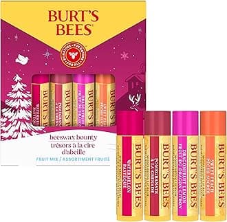 Burt's Bees Christmas Gifts, 4 Lip Balms Stocking Stuffers Products, Beeswax Bounty Fruit Mix - Watermelon, Pomegranate, Dragonfruit Lemon & Sweet Peach (Pack of 4)