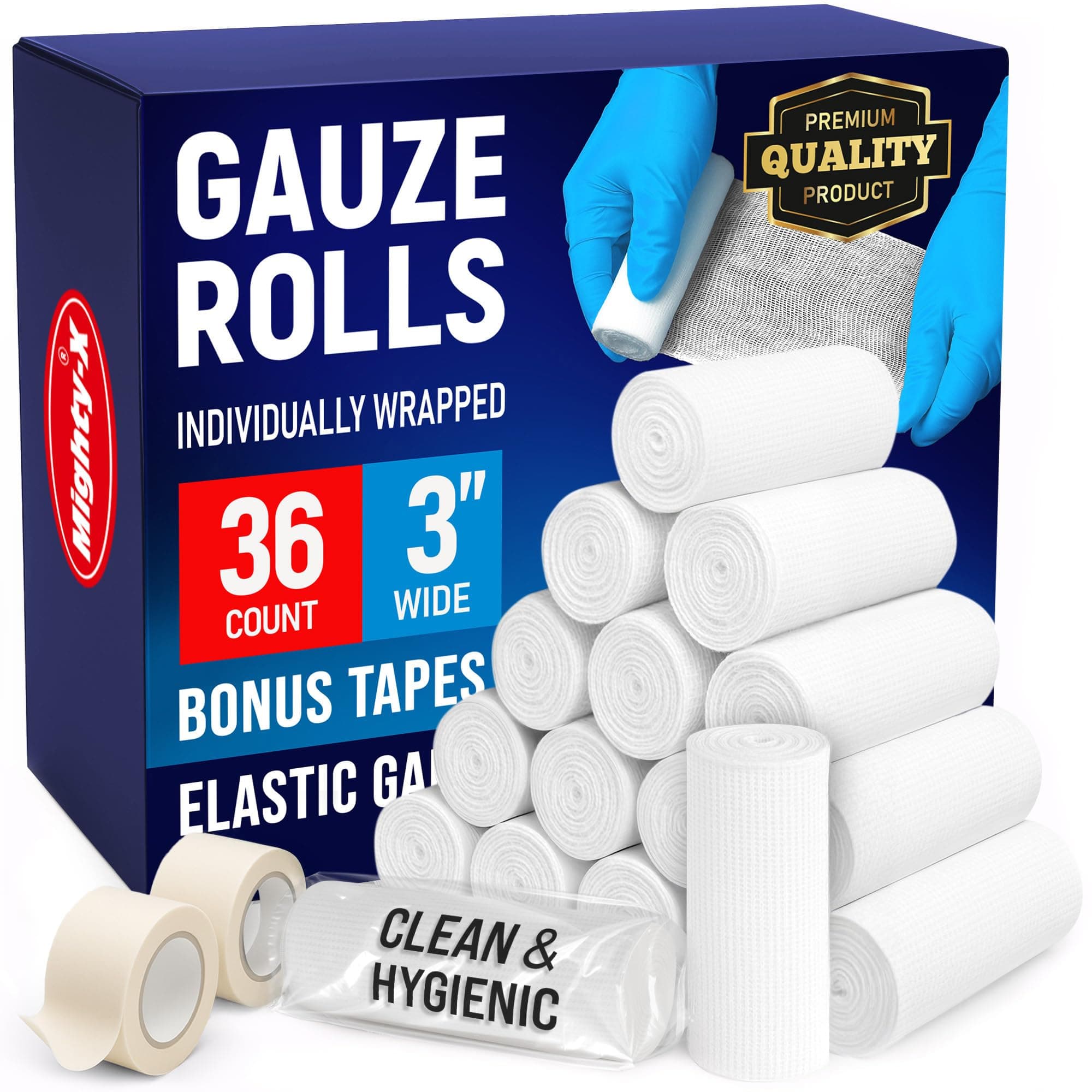 Premium Gauze Rolls - 36 Pack - 3" x 4.1yd First Aid Rolled Gauze - Individually Wrapped with 2 Bonus Tapes - Breathable Conforming Stretch Wrap for Wounds