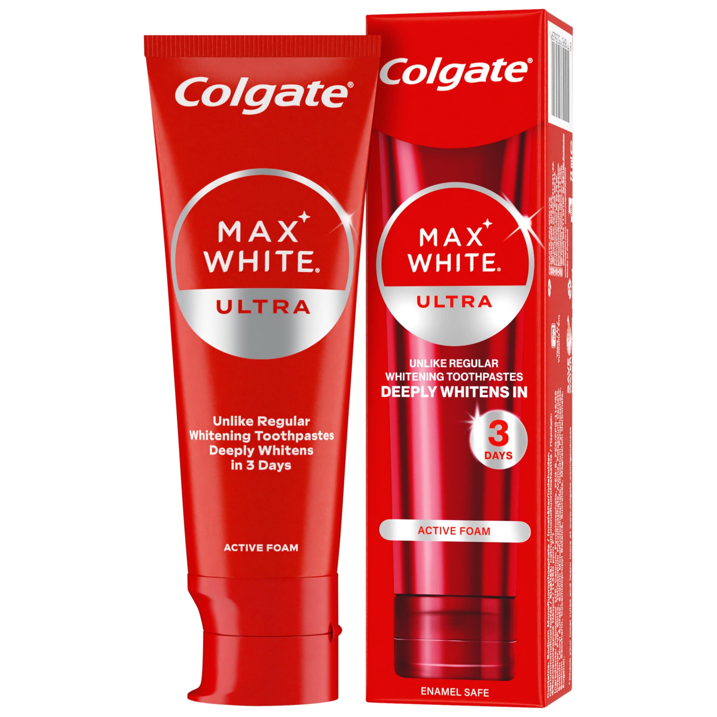 Max White Ultra Active Foam Teeth Whitening Toothpaste 75ml | whiter teeth in 3 days* | enamel safe for daily use | removes deep stains* | fluoride whitening toothpaste | clinically proven