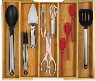 Kitchen Drawer Organizer - Expandable Utensil Drawer Organizer for Kitchen, Cutlery Tray & Silverware Organizer, 3-5 Slots - Bamboo Organizer for Utensils & Flatware (Natural)