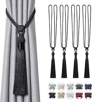 Pretty Jolly 4 Pack Long Tassel Curtain Tiebacks Handmade Braided Rope Knot Drape Tie Backs European Style Decorative Curtain Holdbacks for Home & Office Window Drapery (Black)