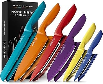 Home Hero Kitchen Knife Set - High Carbon Stainless Steel Blades - Nonstick Ceramic Coating - Ergonomic Handles with Protective Sheaths - 12 Pieces, Multicolor