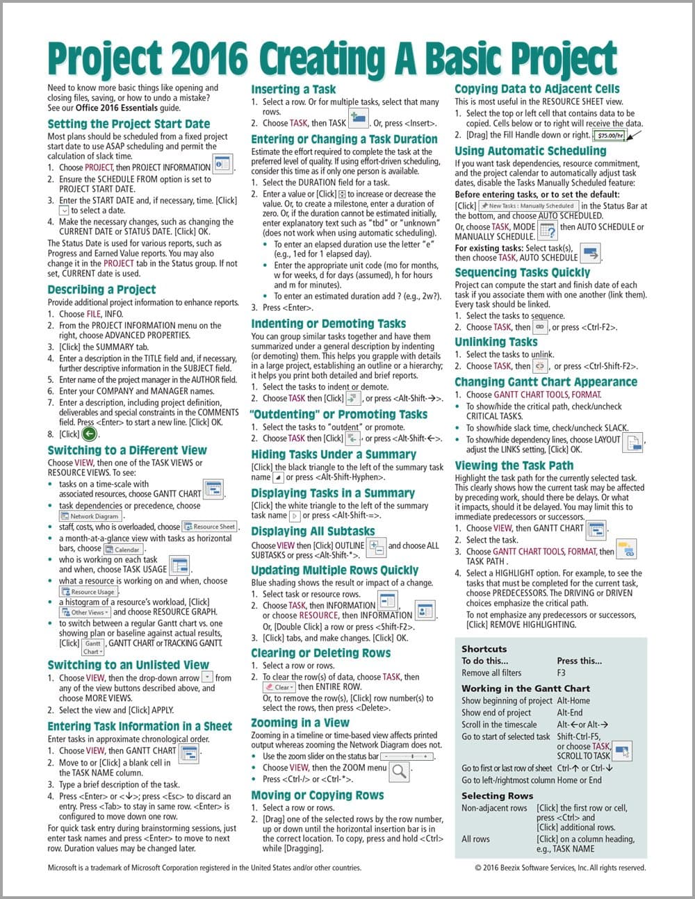 Microsoft Project 2016 Quick Reference Guide Creating a Basic Project - Windows Version (Cheat Sheet of Instructions, Tips & Shortcuts - Laminated Card) Pamphlet – 7 Mar. 2016