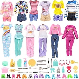 40 PCS Doll Clothes and Outfits - 6 Pants Outfits, 10 Shoes, 15 Makeup Accessories and 9 Tableware Accessories for 11.5 inch Doll Girl Dolls