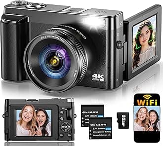 4K Digital Camera for Photography Autofocus, Upgraded 64MP WiFi Vlogging Camera for YouTube with 3" 180° Flip Screen, 16X Zoom, Compact Travel Cameras for Beginners with 32GB Card, 2 Batteries, Black