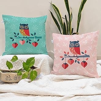 STITCHNEST Set of 5 Polycotton Cushion Covers – 24x24 Inches – Cute Owl & Heart Print in Pink & Teal – Fun and Whimsical Cushion Covers for Kids Room, Sofa & Home Decor