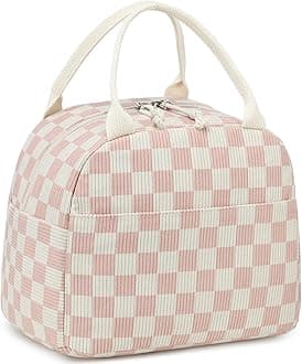 LEDAOU Lunch Box for Women Insulated Lunch Bag Corduroy Lunch Tote Bags Leakproof Cooler Lunch Case for Travel Work Picnic (Checkered-Pink)