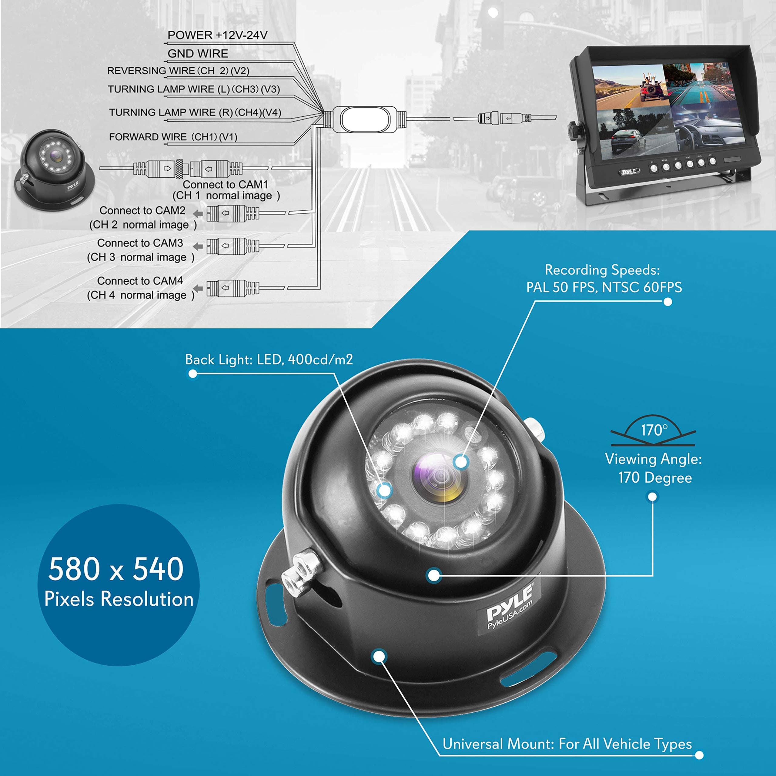 Pyle Rear View Backup Camera System - DVR Parking Reverse Car Truck Vehicle Dual Rearview Back Up Kit w/ 9” LCD Monitor, Night Vision, Tilt-Adjustable, Video Recorder, Universal Mount PLCMTRDVR47