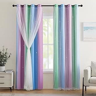XiDi Blue & Rainbow Curtains for Kids & Girl Room - Blackout, Purple & Green 52x72 Inch Long 1 Panel with Unicorn Wall Decals