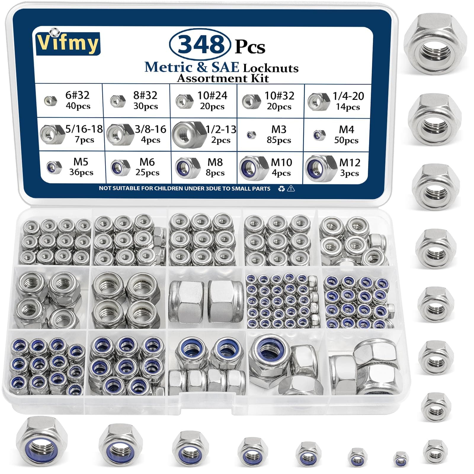 SAE & Metric Nylon Insert Lock Nuts Kit(348Pcs),6#32 8#32 10#24 10#32 1/4-20 5/16-18 3/8-16 1/2-13 M3 M4 M5 M6 M8 M10 M12 304 Stainless Steel Locknuts Sets