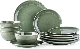 AmorArc Ceramic Dinnerware Sets for 4, 12 Pieces Handpainted Plates and Bowls Set, Scratch Resistant Stoneware Dishes Set, Dishwasher & Microwave Safe, Jade Green