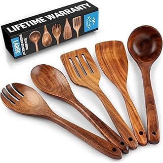 Zulay Kitchen Extra-Large 5-Piece Wooden Spoon Set - Smooth Teak Cooking Utensils - Comfort-Grip Non-Stick Turner, Spatula, Skimmer, Fork, Serving Spoon