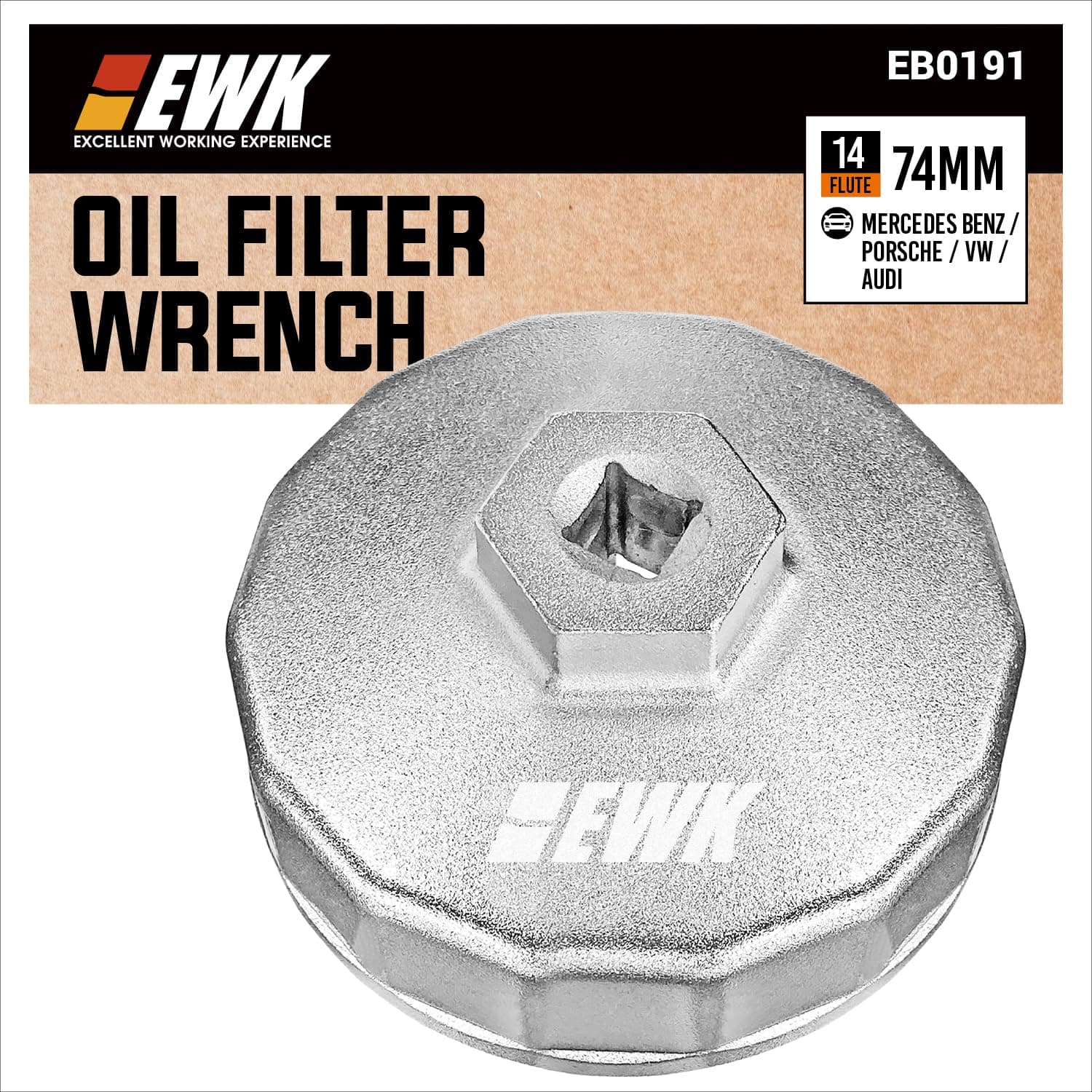 EWK 74mm 14 Flute Oil Filter Wrench for Mercedes Benz Sprinter VW Audi Porsche, Forged Aluminum Cap Socket Tool, 3/8 in Drive or 27mm Hex for Damage-Free Oil Changes
