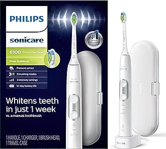 ProtectiveClean 6100 Rechargeable Electric Toothbrush, with Pressure Sensor, 3 Cleaning Modes, SmarTimer and QuadPacer, 14-Day Battery Life, Travel Case, White, Model HX6877/21