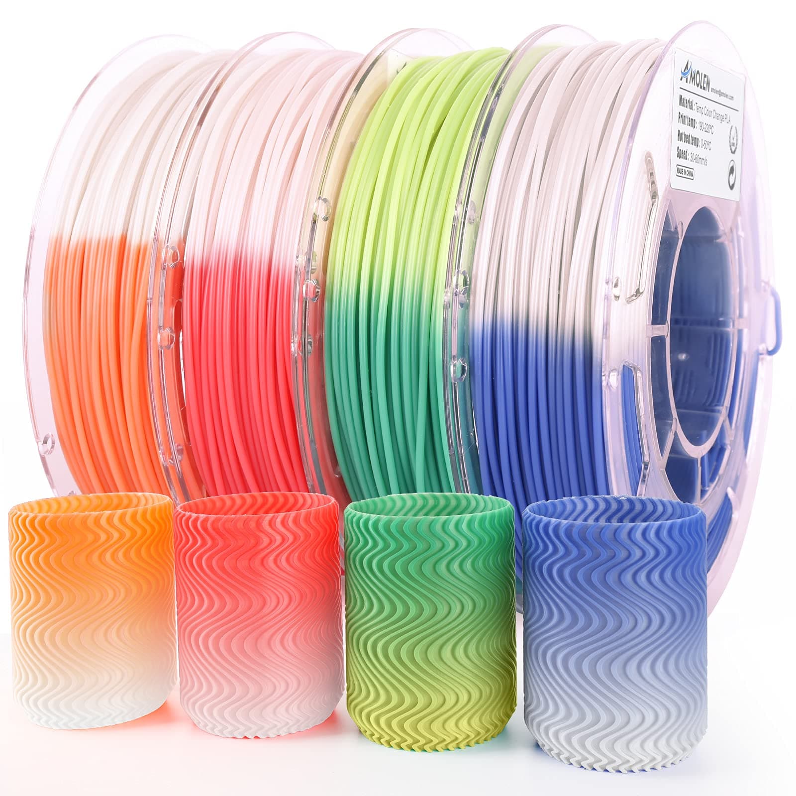 AMOLEN 3D Printer Filament Bundle, PLA Filament 1.75mm Bundle,Color Change with Temperature Filament, 3D Printing Filament +/- 0.03mm, Green/Blue/Red/Orange, 200g X 4 Spools Pack