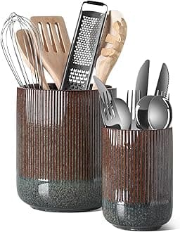 Utensil Holder, 18.5+14cm Ceramic Kitchen Utensils Holder, Large Cooking Utensil Pots for Kitchen Counter, Morden Utensil Organizer for Spatula, Set of 2, Marble Dark Olive