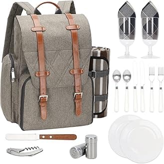 Picnic Backpack for 2 Person with Large Insulated Cooler Bag, Picnic Basket Set with Wine Pouch, Waterproof Picnic Blanket & Cutlery Set. Perfect for Beach, Camping,Wedding Gift for Couple.Beige