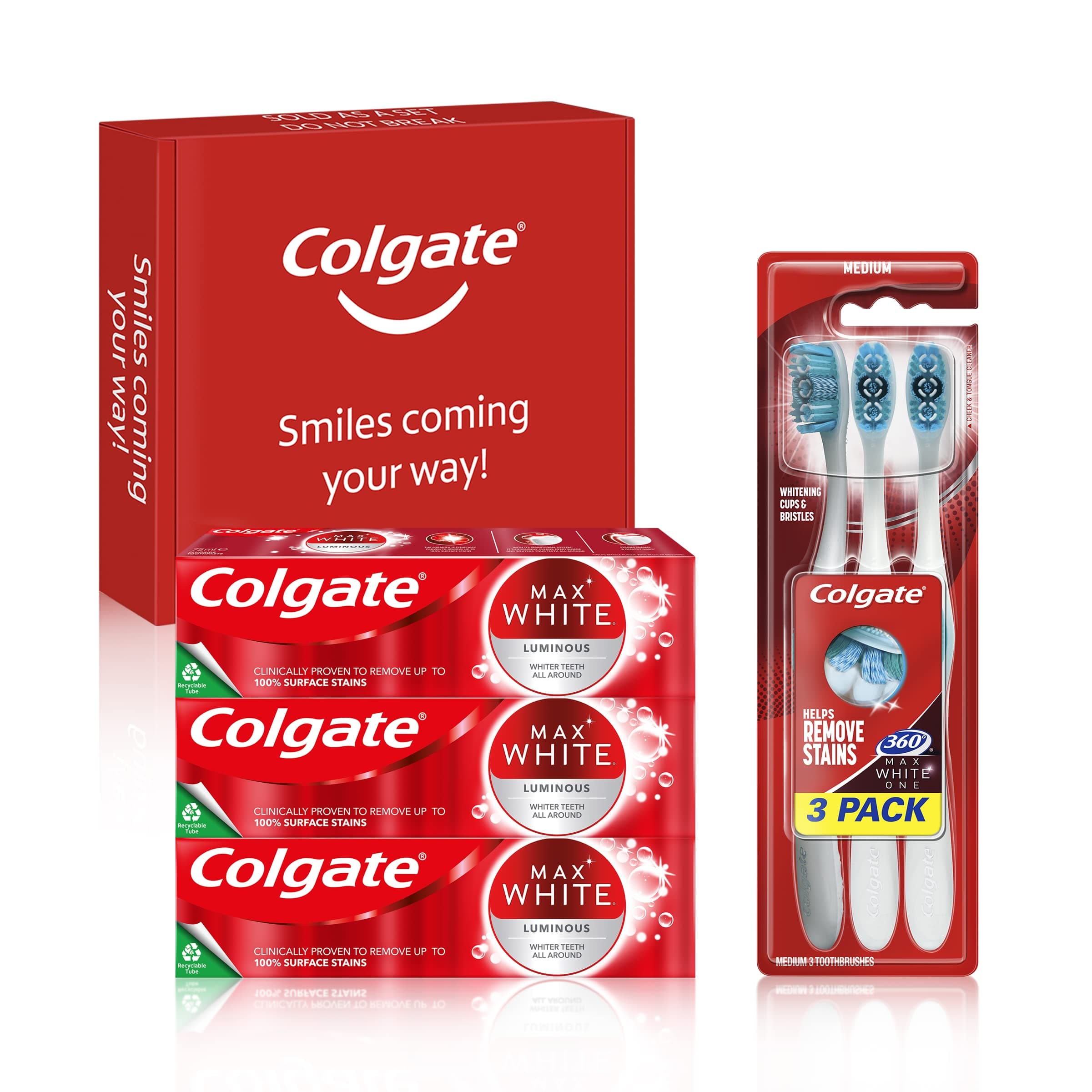 Colgate Max White Luminous Teeth Whitening Toothpaste & Toothbrush Bundle Kit, 3x75ml Toothpaste Multipack & 3 Pack Toothbrush