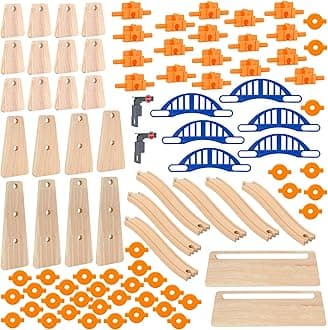 Wooden Train Track Accessories Build & Play Construction Set 90 PCS Ultimate Elevated Railway STEM Toys Track Expansion Pack Ascending Tracks Risers Bridges Tunnel Stop Go Gate Compatible Thomas Brio