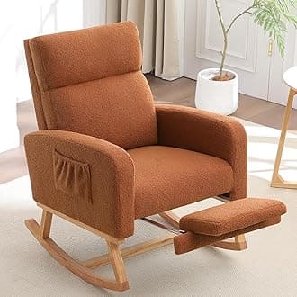 Rocking Chair Nursery with Foot Rest, Nursing Rocking Chairs for Mom Nursery, Teddy Rocker Glider with High Backrest for Living Room, Bedroom, Brown