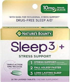 Nature's Bounty Sleep + Stress Support, Sleep3 Maximum Strength 100% Drug Free Sleep Aid, Dietary Supplement with Ashwagandha, Time Release Technology, 10mg, 28 Tri-Layered Tablets