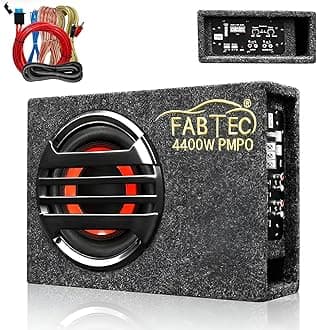 FABTEC 8 Inch Gray Under Seat Active Subwoofer Bass Tube for Cars (InBuilt Amplifier Wire Kit, 200 RMS)