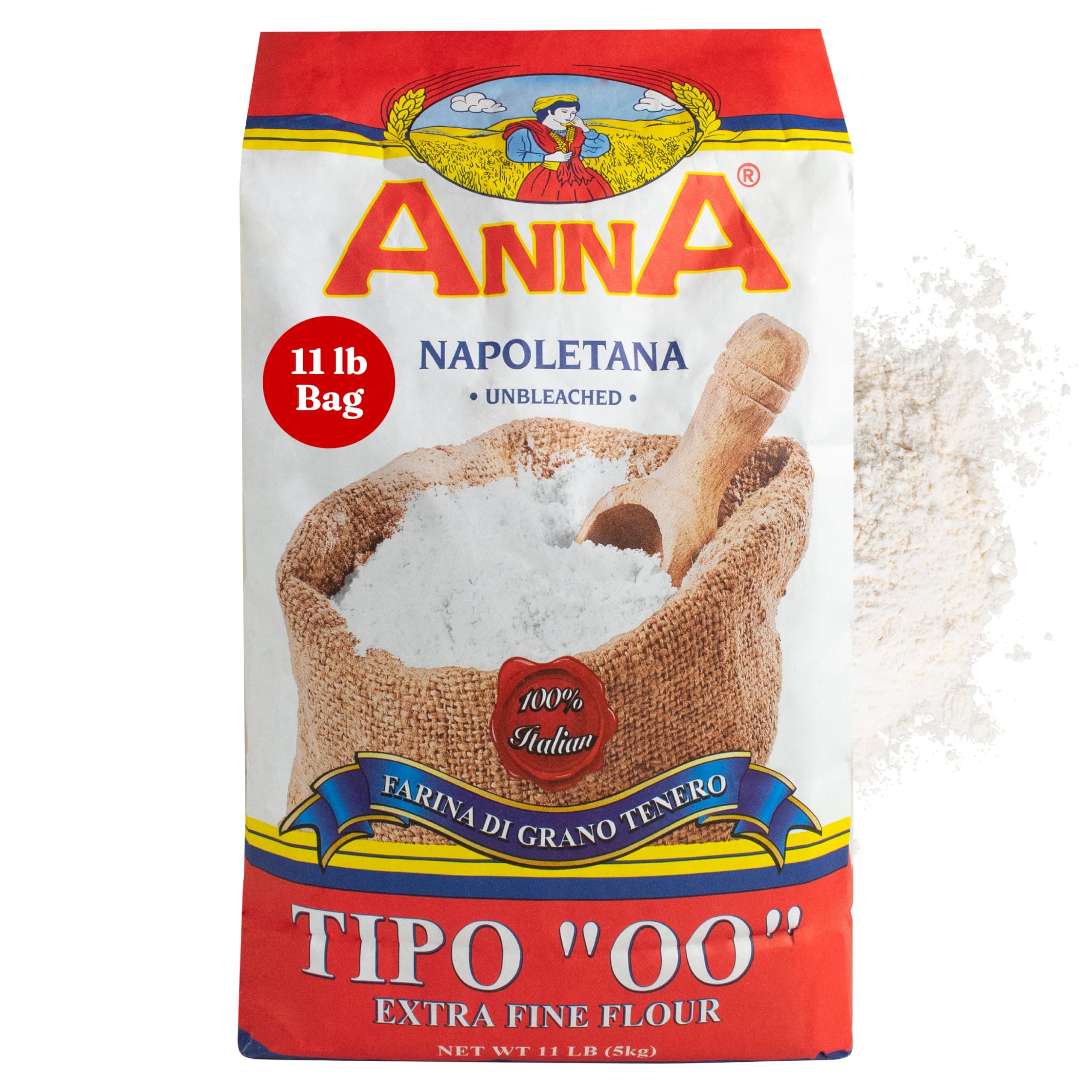 Cento Anna Tipo 00 Flour, 11 Lbs., Extra Fine, Unbleached, Soft Wheat Flour, Perfect for Pizza Crust, Pasta & Bread, Grown and Processed in Italy