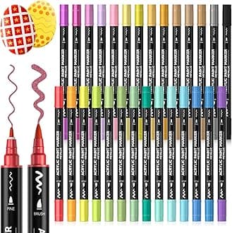 28 Metallic Colors Dual Tip Acrylic Paint Markers, Brush Tip and Fine Tip Acrylic Paint Pens for Rock, Ceramic, Wood, Canvas, Plastic, Glass, Stone, Calligraphy, Card Making, Crafts & Nail Art