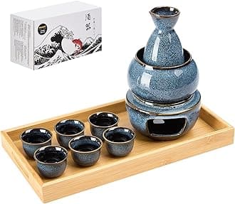 DUJUST 11 pcs Japanese Sake Set for 6, Kiln Altered Glaze Porcelain Sake Set, 6 Cups, 1 Bottle, 1 Warmer, 1 Candle Stove, 1 Tray & 1 Box, Warm Carafe, Special Japanese Gifts Set - Blue