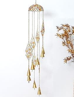 UHUD CRAFTS 36 inches Long Multicolor Glass Bead Windchime with Antique Gold Bells | Hanging Bell Chimes | Home Decor Item for Windows, Balcony & Garden