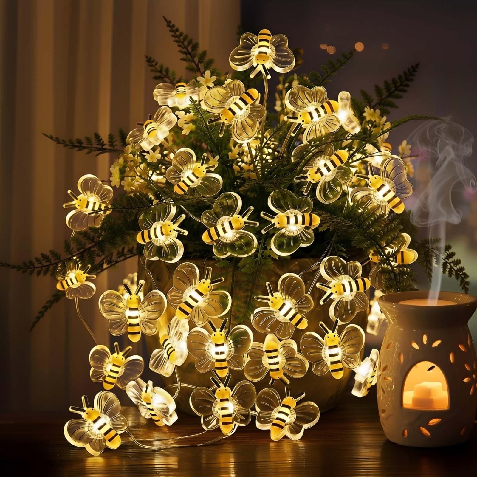 Bee Decor String Lights 10ft String Light with 30pcs Honeybee Shaped Led Bulb Battery Operated Fairy Lights for DIY Indoor Bedroom Party Wedding Patio Christmas