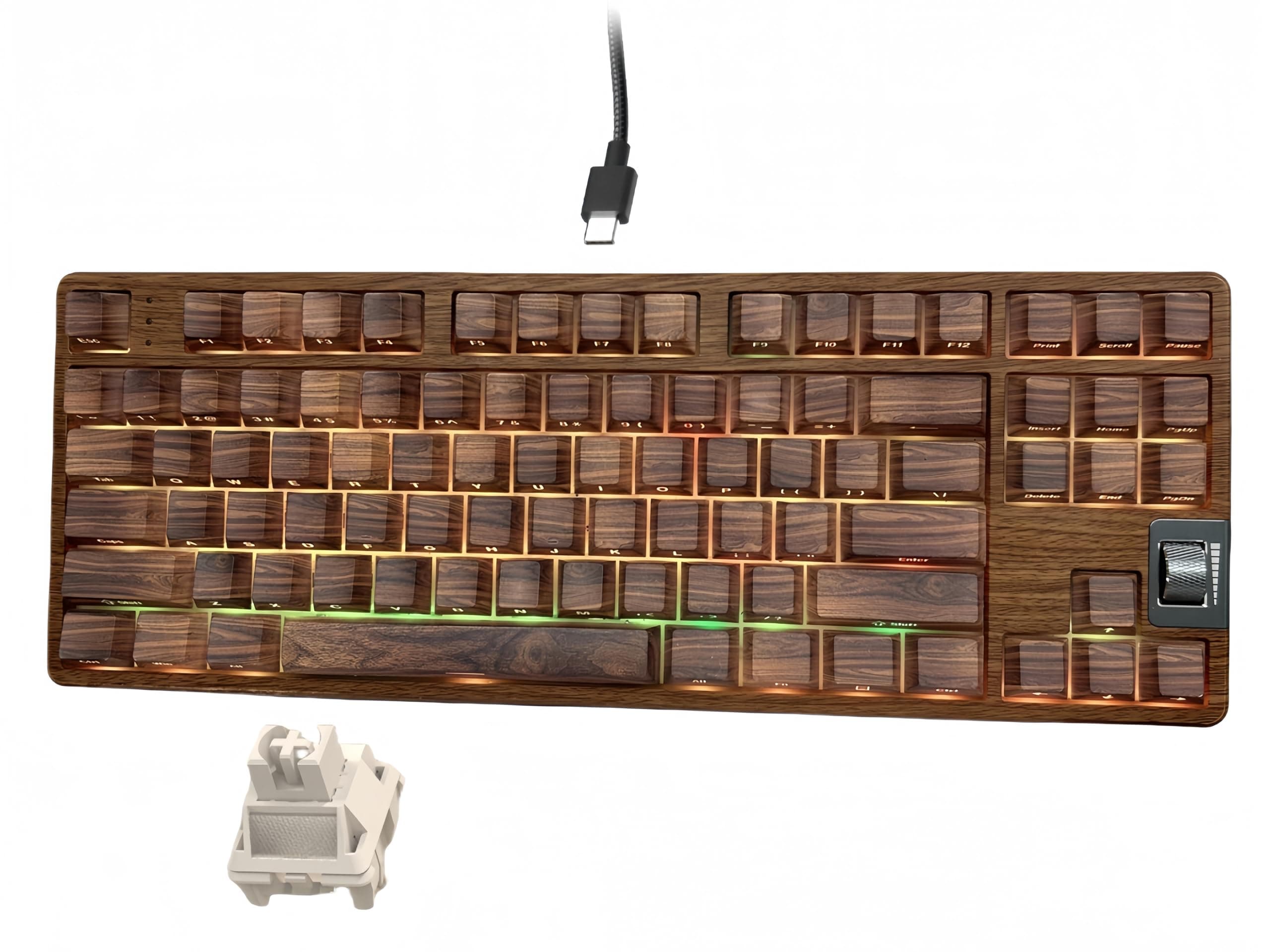 F87 Walnut Pattern Wired Gaming Keyboard with Volume Scroll Wheel, USB-C Hot-Swappable Custom Keyboard with Bright/Cherry Profile Keycaps,