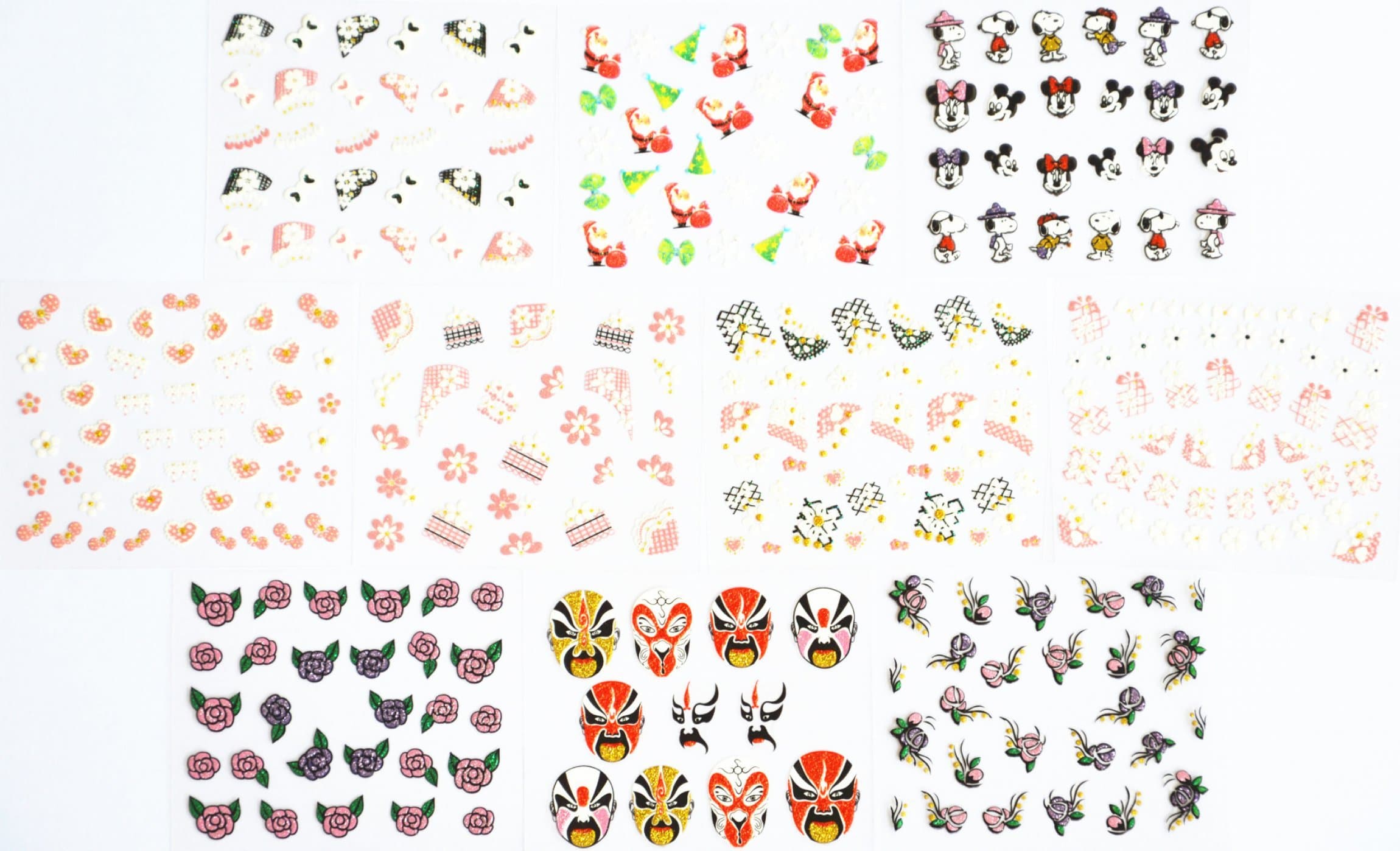 10pcs/package nail stickers decals multi mix designs including glitter flowers and roses/pink flowers and heart/glitter facebook/santa claus/christmas tree/dog/mikey and mini/etc.