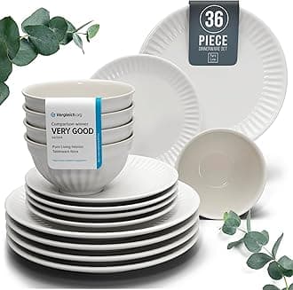 36-Piece Dinnerware Set - Bowl and Plate Set - Stoneware Dining Set for 12 People - Dishwasher and Microwave Safe - Grooved Dining Service in Light Grey
