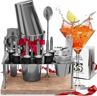 EATEX Silver Cocktail Set, 17-Piece Bartender Kit with Wood Stand, Stainless Steel Cocktail Shaker, Mixology Bar Tools & Accessories