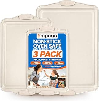 Baking Pan Set - Nonstick Coating, Carbon Steel Bakeware Set with White Silicone Handle, PFOA, PFOS, PTFE Free, Recipe Booklet Included, Oven Safe Tray (Up To 450° F), Set of 3 - White