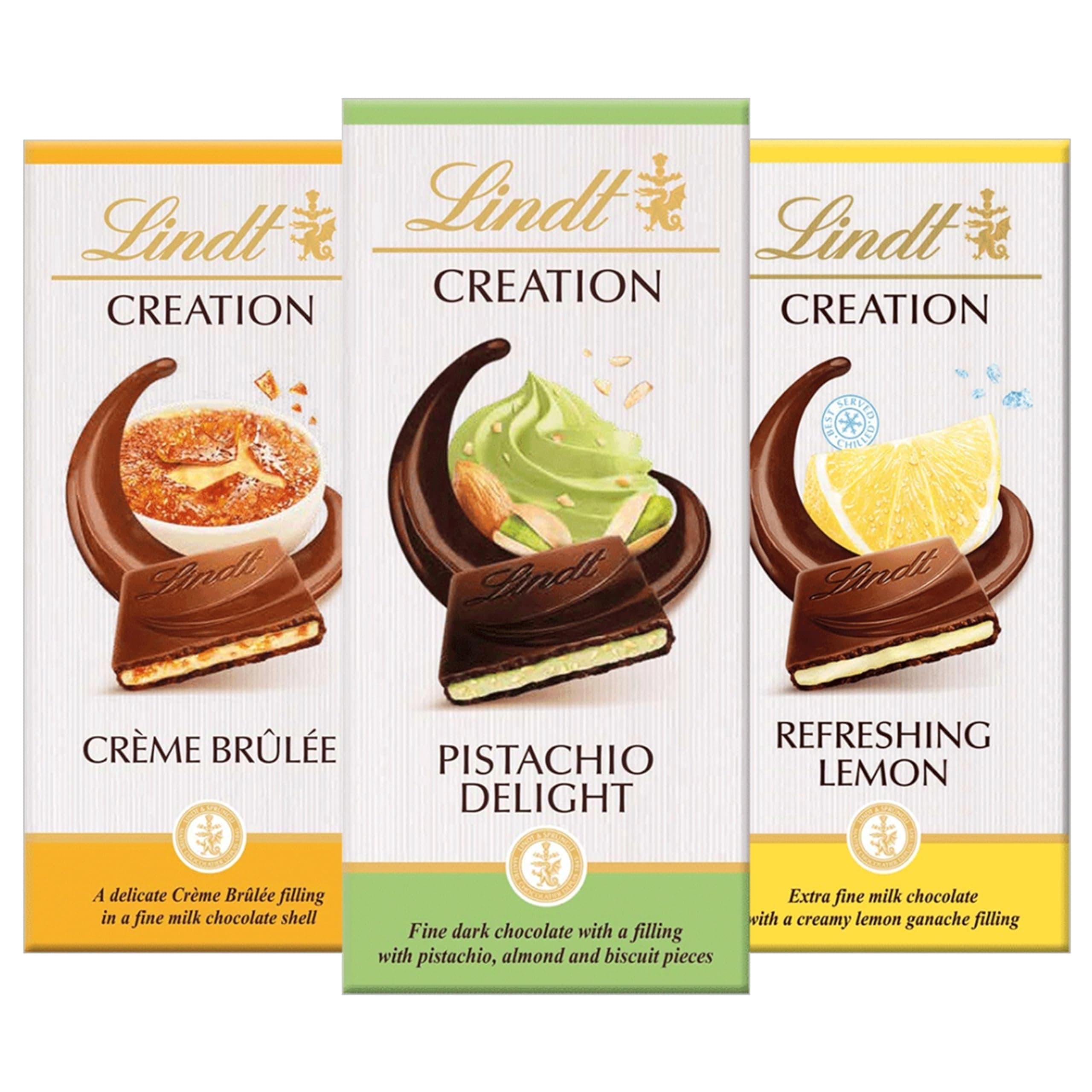 Assorted Creation Chocolate Bars Bundle - Pack 3 x 150g Pistachio Delight, Delicate Creme Brulee & Milk Chocolate Refreshing Lemon. Chocolate Gift for Chocolate Hamper, Easter Gifts with Topline Card